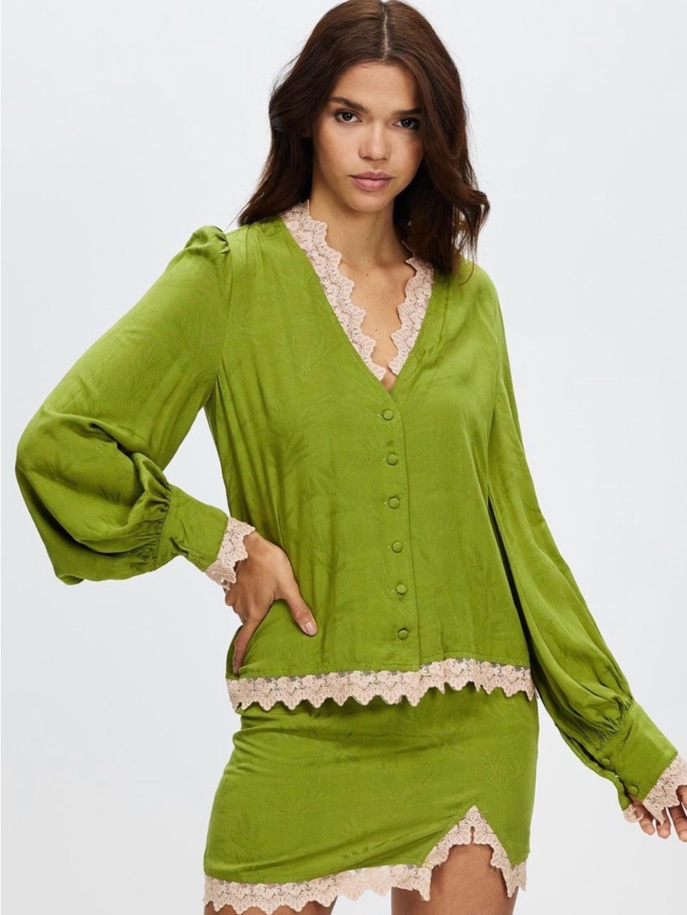 Lenni Aloe Olive Green Lace-Trim Button Front Blouse